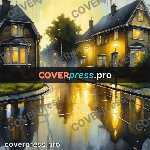 Watercolor illustration: wet street with lamps at dusk