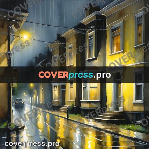 Watercolor illustration: wet street with lamps at dusk