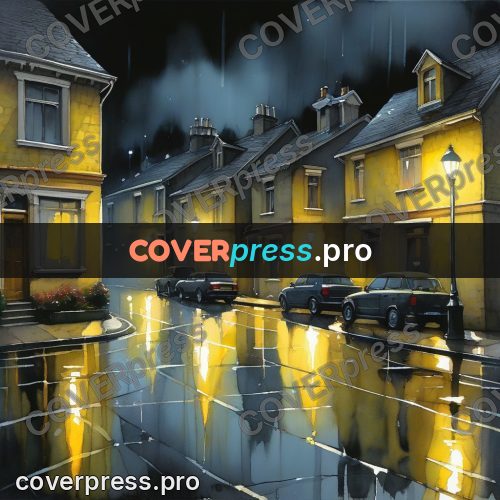 Watercolor illustration: wet street with lamps at dusk