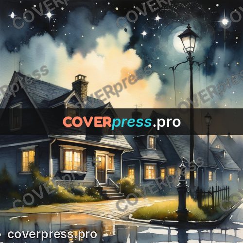 Watercolor illustration: houses under a starry sky