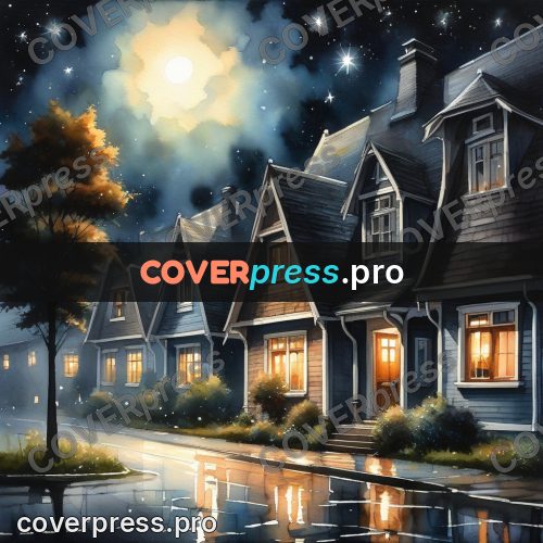 Watercolor illustration: houses under a starry sky