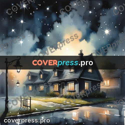 Watercolor illustration: houses under a starry sky