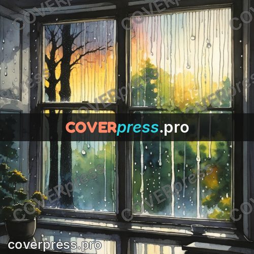 Watercolor illustration: raindrops on an old window