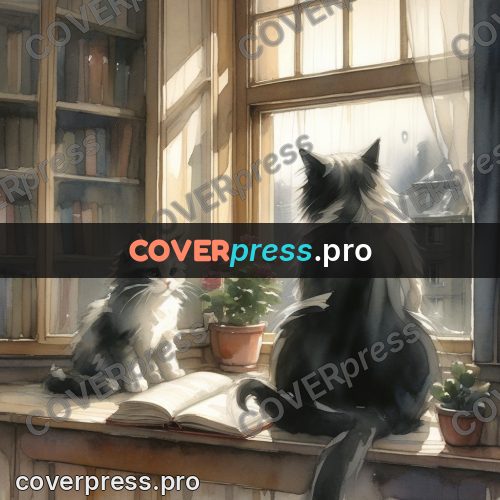 Watercolor illustration: cat by a window with books