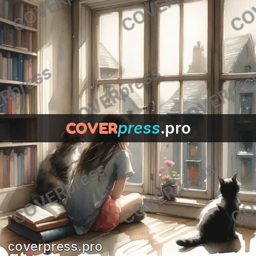 Watercolor illustration: cat by a window with books
