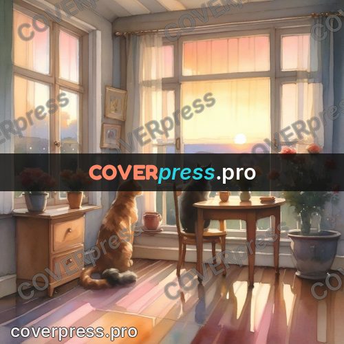 Watercolor illustration: room with a window at sunset
