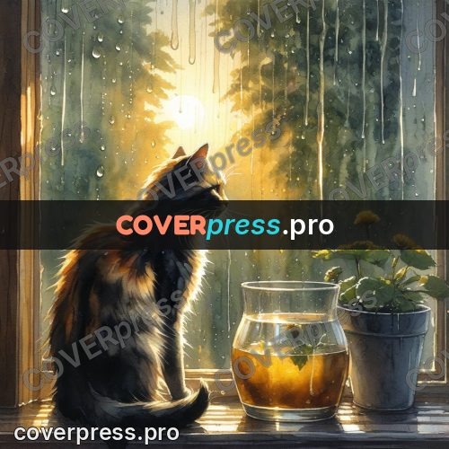 Watercolor illustration: cat on a rainy windowsill