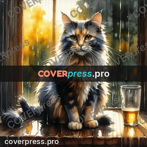 Watercolor illustration: cat on a rainy windowsill
