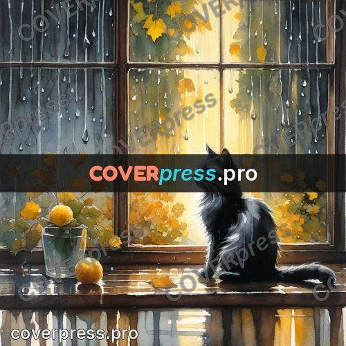 Watercolor illustration: cat on a rainy windowsill