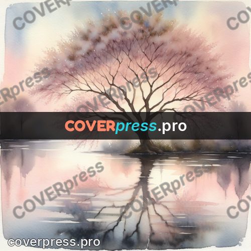 Watercolor illustration: pink blossom tree by water
