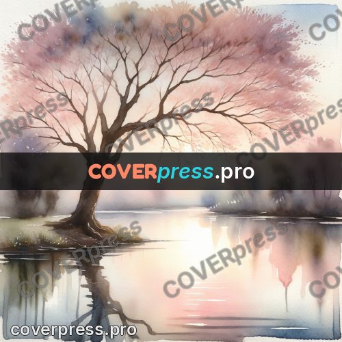 Watercolor illustration: pink blossom tree by water