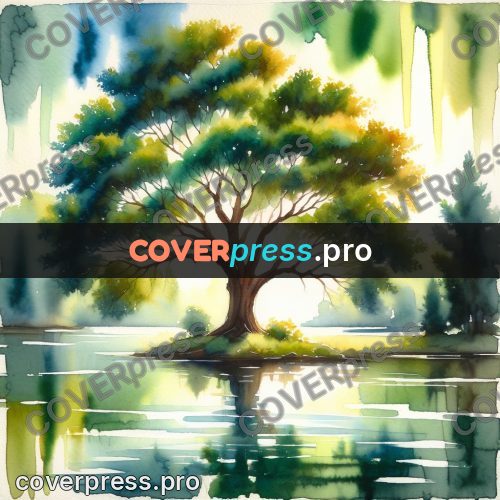 Watercolor illustration: green tree above the water