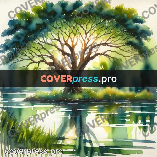 Watercolor illustration: green tree above the water