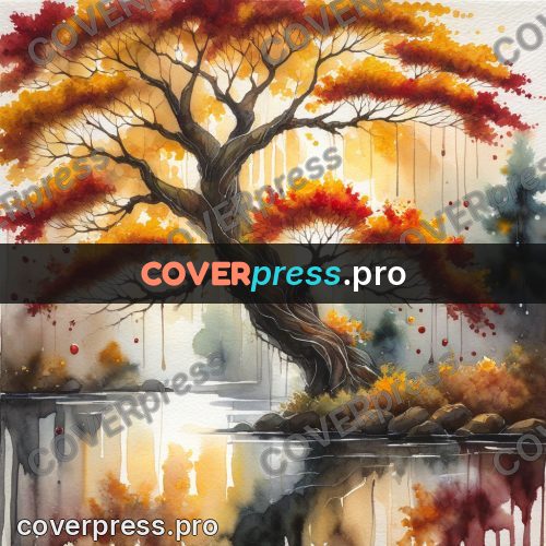 Watercolor illustration: autumn tree by the water