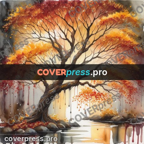 Watercolor illustration: autumn tree by the water