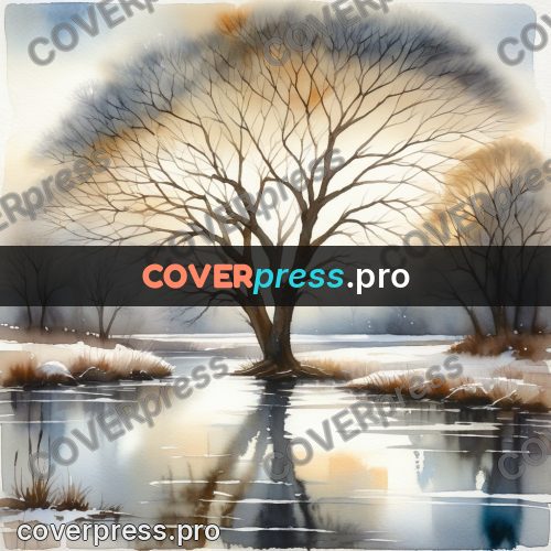 Watercolor illustration: bare tree by a winter river