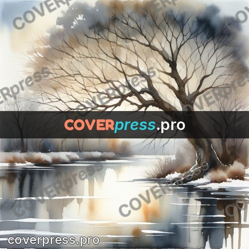 Watercolor illustration: bare tree by a winter river