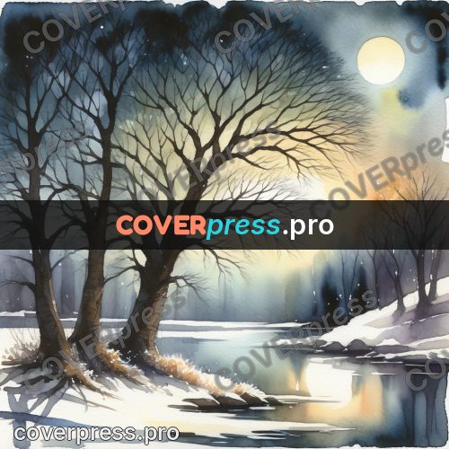 Watercolor illustration: trees by a river in moonlight