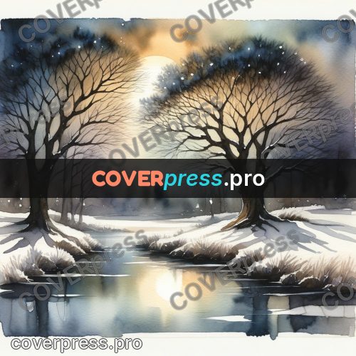 Watercolor illustration: trees by a river in moonlight