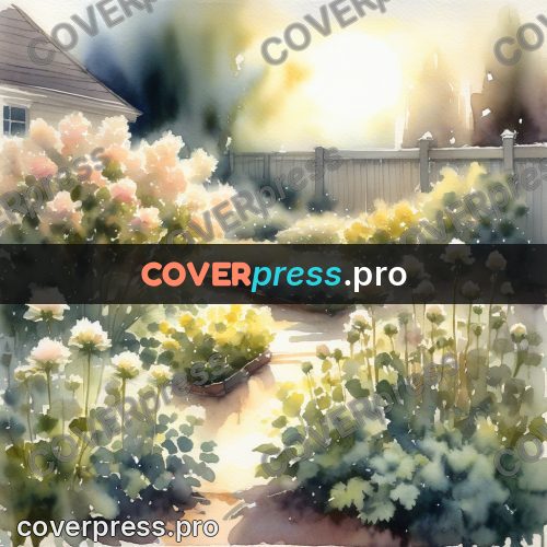 Watercolor illustration: flowering garden by a fence
