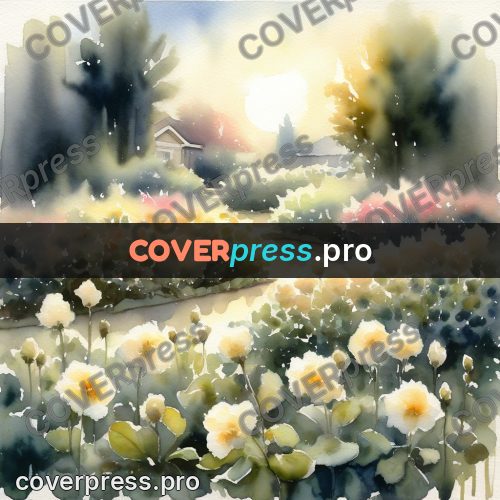 Watercolor illustration: flowering garden by a fence