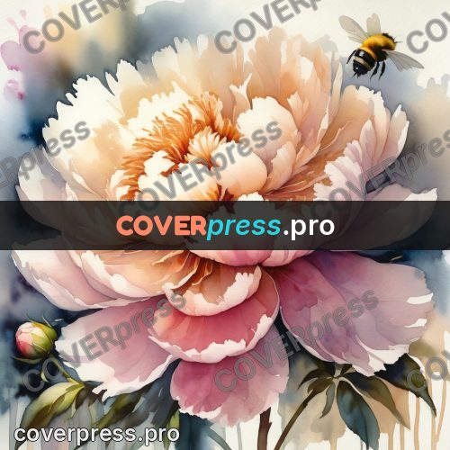 Watercolor illustration: peony with a bee