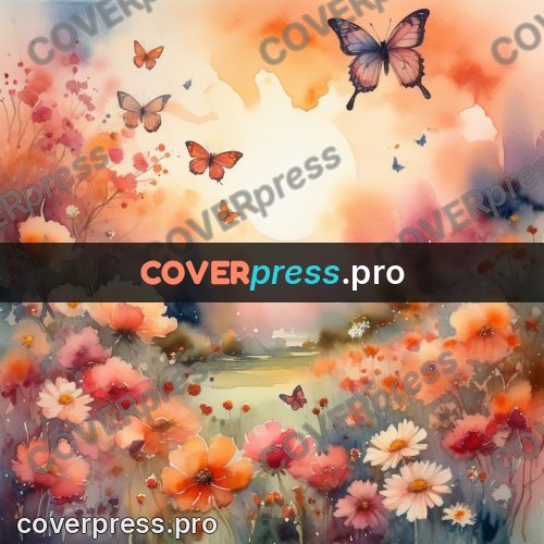 Watercolor illustration: butterflies over bright flowers