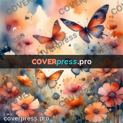 Watercolor illustration: butterflies over bright flowers