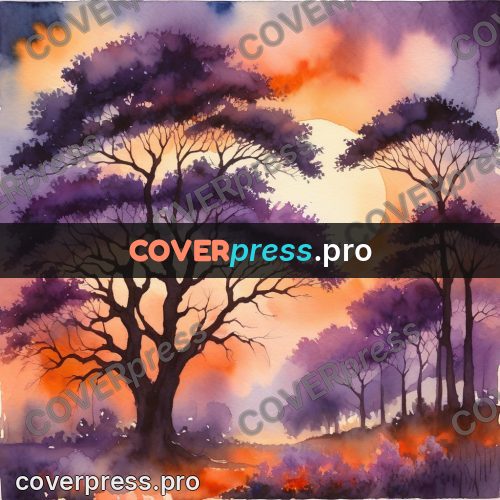 Watercolor illustration: violet trees at sunset