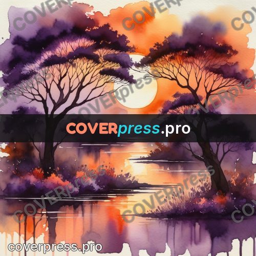 Watercolor illustration: violet trees at sunset