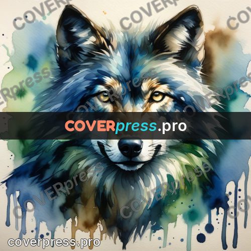 Watercolor illustration: wolf face head on