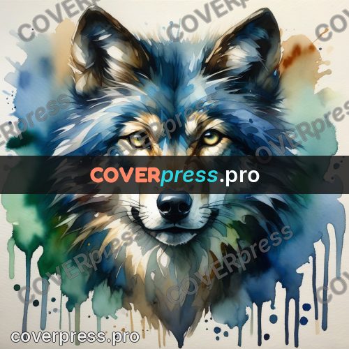 Watercolor illustration: wolf face head on