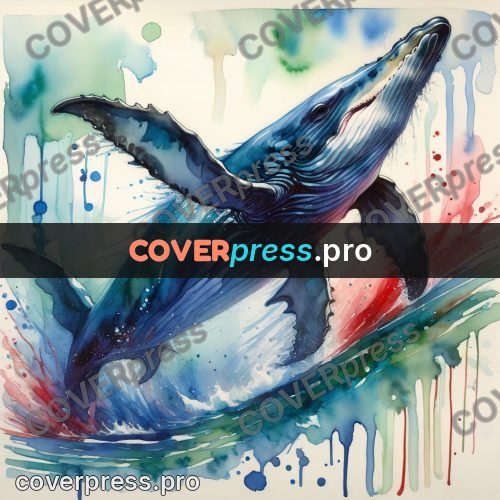 Watercolor illustration: whale with a raised fin