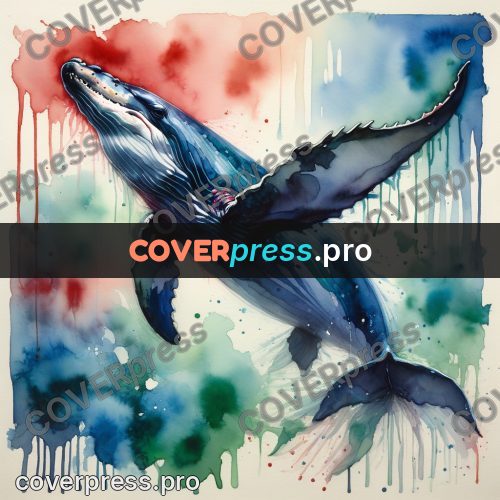 Watercolor illustration: whale with a raised fin