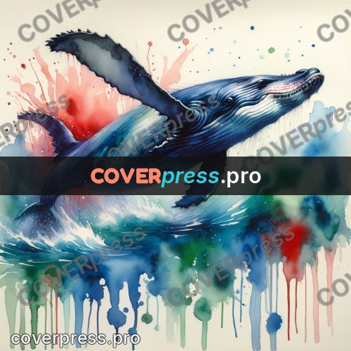 Watercolor illustration: whale with a raised fin