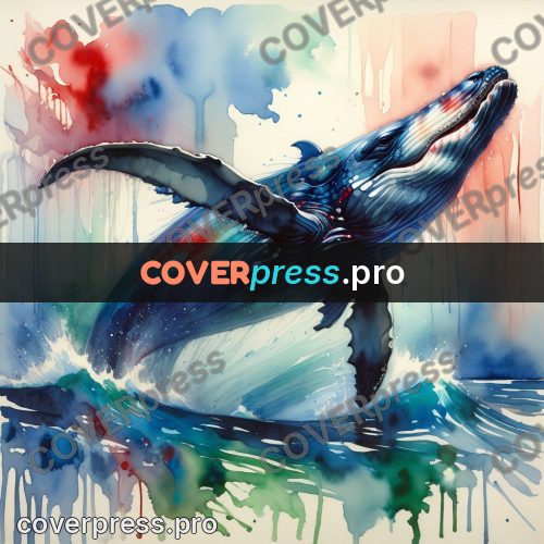 Watercolor illustration: whale with a raised fin