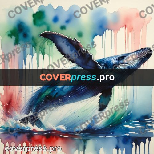 Watercolor illustration: whale with a raised fin