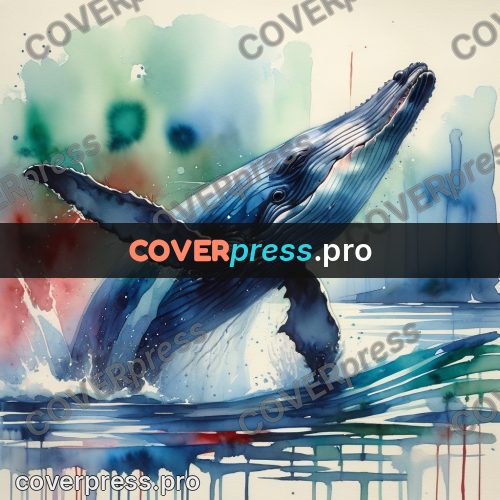 Watercolor illustration: whale with a raised fin