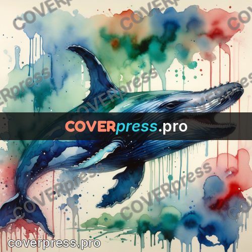 Watercolor illustration: whale with a raised fin