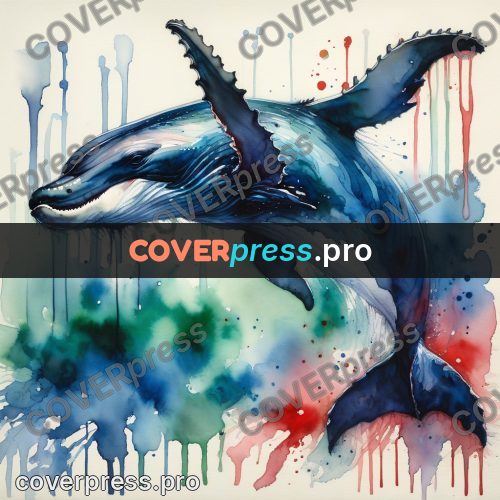 Watercolor illustration: whale with a raised fin