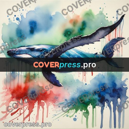 Watercolor illustration: whale with a raised fin