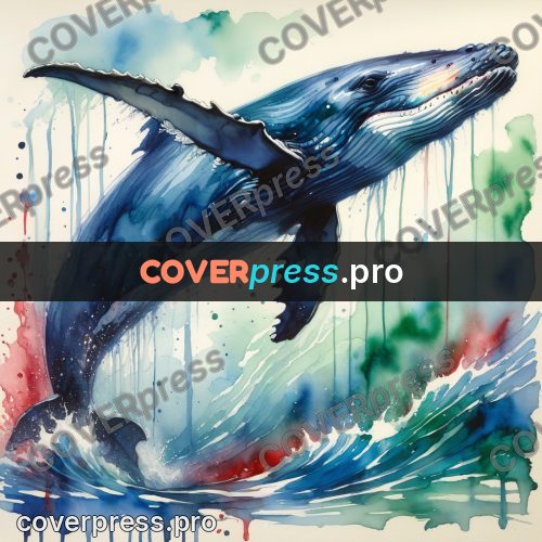 Watercolor illustration: whale with a raised fin