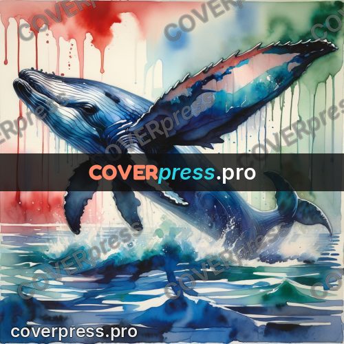 Watercolor illustration: whale with a raised fin