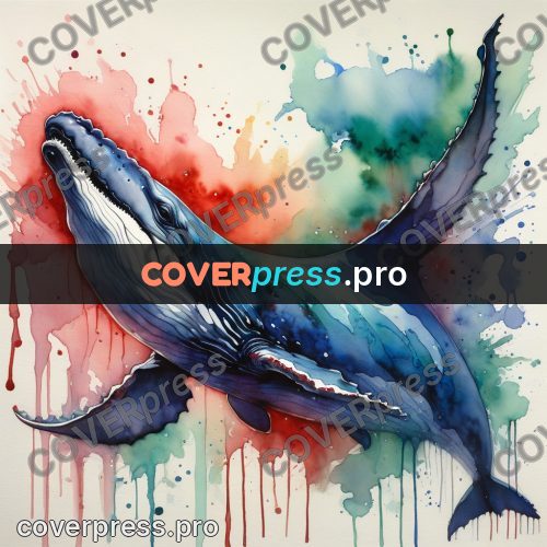 Watercolor illustration: whale with a raised fin