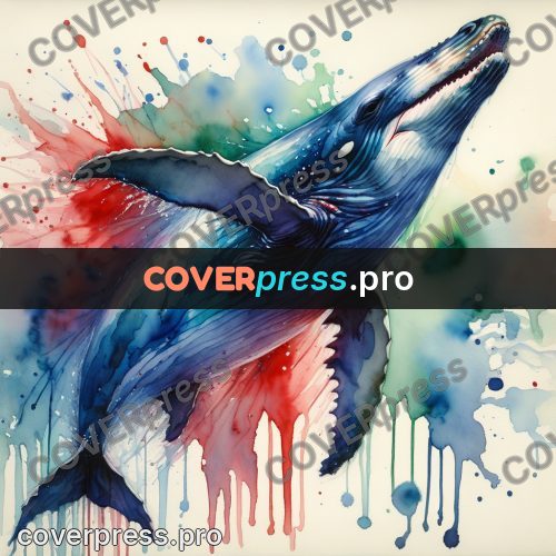 Watercolor illustration: whale with a raised fin