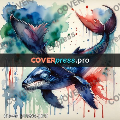 Watercolor illustration: whale with a raised fin