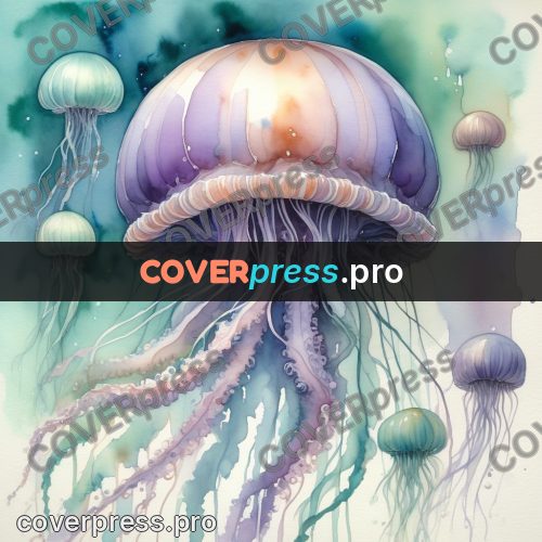 Watercolor illustration: jellyfish with long tentacles