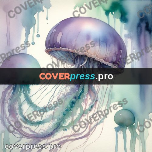Watercolor illustration: jellyfish with long tentacles