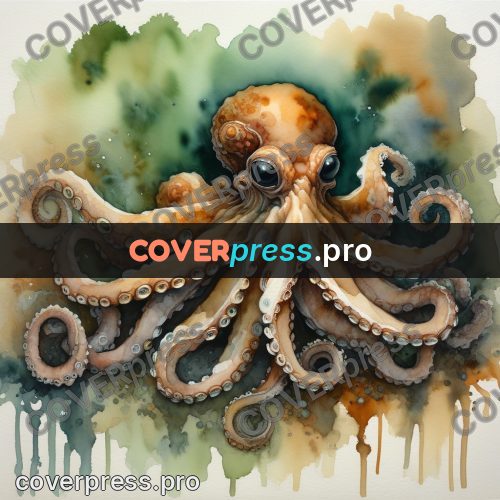 Watercolor illustration: octopus on the rocks