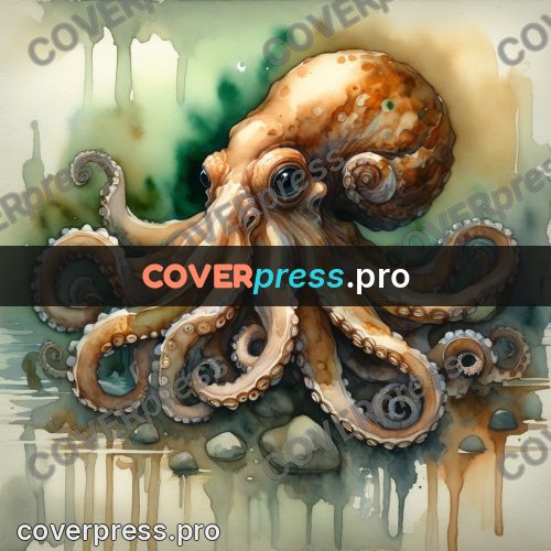 Watercolor illustration: octopus on the rocks